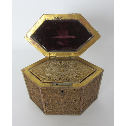 653 - Two George III hexagonal scroll work tea-caddies