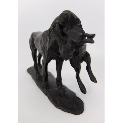 658 - A bronze of a hound with hare grasped in its mouth