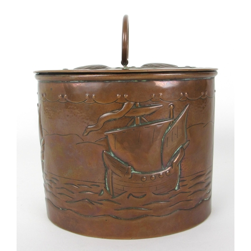 672C - A Newlyn School copper oval tea caddy and cover