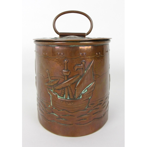 672C - A Newlyn School copper oval tea caddy and cover