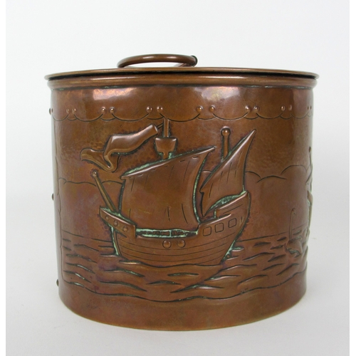 672C - A Newlyn School copper oval tea caddy and cover