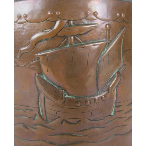 672C - A Newlyn School copper oval tea caddy and cover