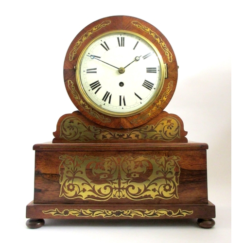 674A - A Victorian rosewood and brass cut inlaid mantle clock