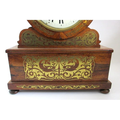 674A - A Victorian rosewood and brass cut inlaid mantle clock