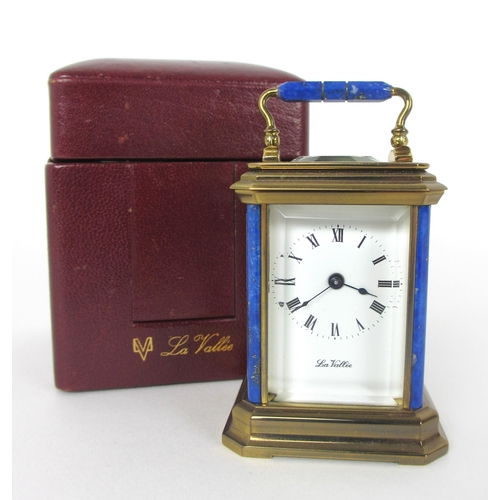 677 - A French La Vaille miniature brass and Lapis Lazuli carriage clock