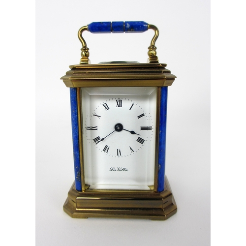 677 - A French La Vaille miniature brass and Lapis Lazuli carriage clock