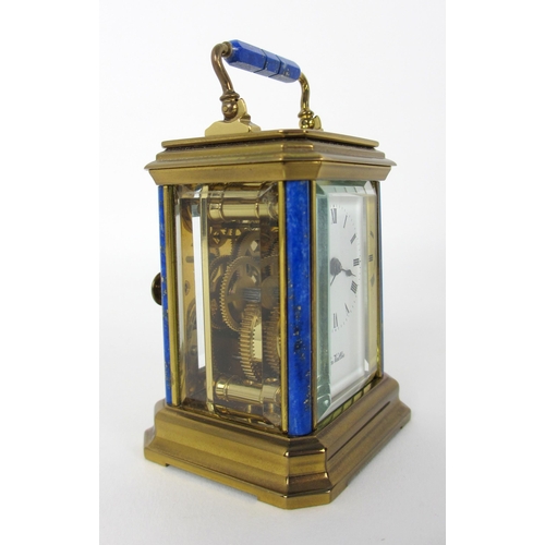 677 - A French La Vaille miniature brass and Lapis Lazuli carriage clock