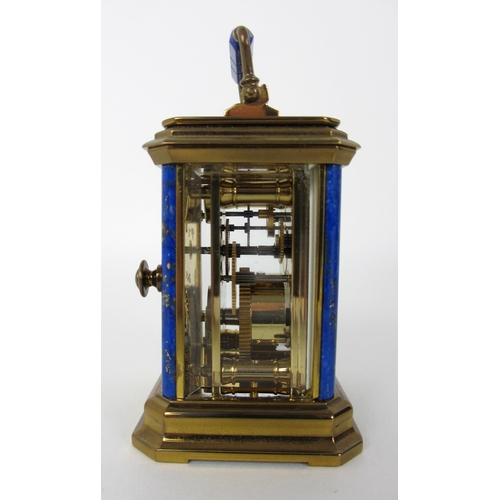 677 - A French La Vaille miniature brass and Lapis Lazuli carriage clock