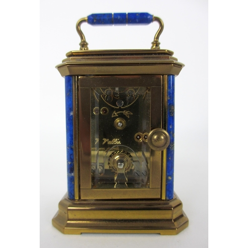 677 - A French La Vaille miniature brass and Lapis Lazuli carriage clock