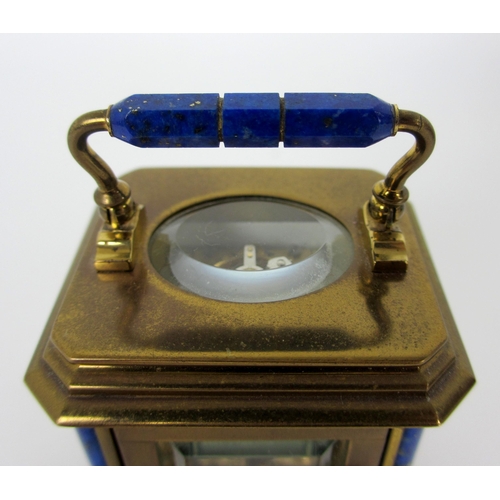 677 - A French La Vaille miniature brass and Lapis Lazuli carriage clock