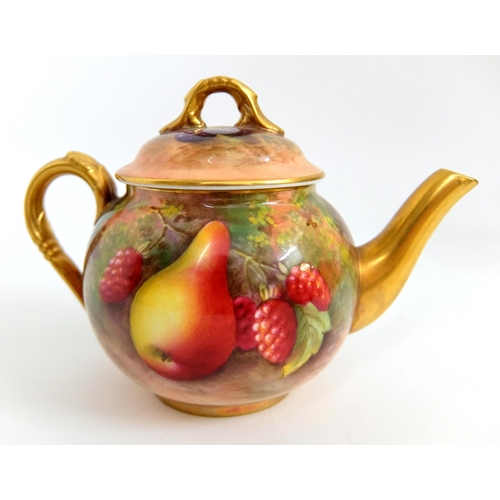 674 - A Royal Worcester fruit painted miniature teapot by Edward Townsend