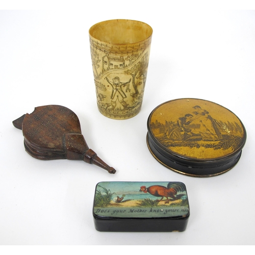 319 - A group of four early 19th Century treen snuff boxes and scrimshaw hunting cup