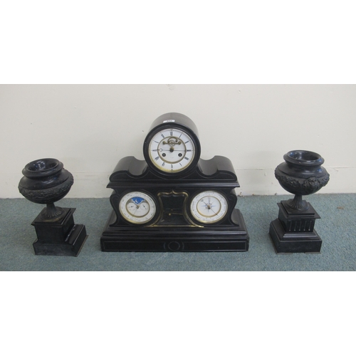 822 - A Victorian black slate combination clock garniture (three pieces)