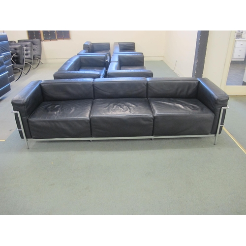 837 - A modern black leather and chrome three seater settee designed by Corbusier