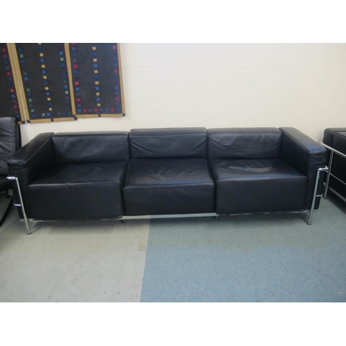 838 - A modern black leather and chrome three seater settee designed by Corbusier