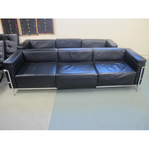 839 - A modern black leather and chrome three seater settee designed by Corbusier