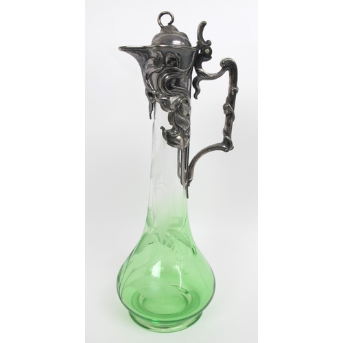 648 - A W.M.F. Art Nouveau green glass claret jug