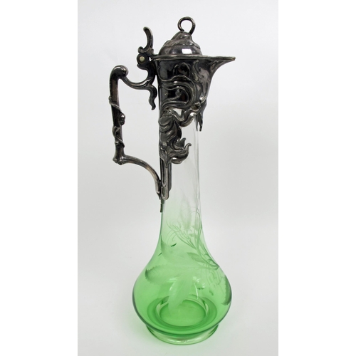 648 - A W.M.F. Art Nouveau green glass claret jug