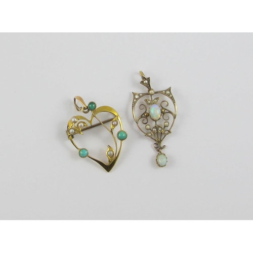 104 - A 9ct opal and pearl set  'Art Nouveau' pendant  together with a 15ct heart shaped pendant brooch se... 