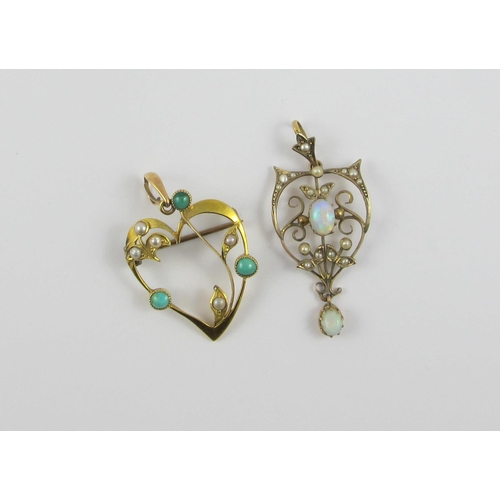 104 - A 9ct opal and pearl set  'Art Nouveau' pendant  together with a 15ct heart shaped pendant brooch se... 