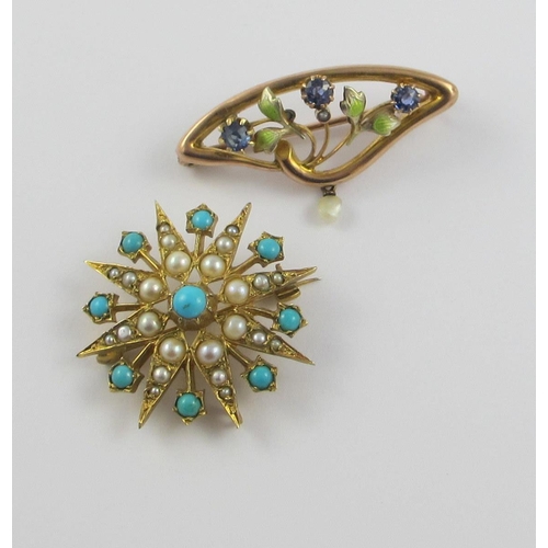 119 - Two 9ct yellow gold Victorian brooches  a starburst example set with pearls and turquoise  and an Ar... 