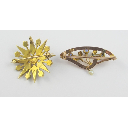 119 - Two 9ct yellow gold Victorian brooches  a starburst example set with pearls and turquoise  and an Ar... 