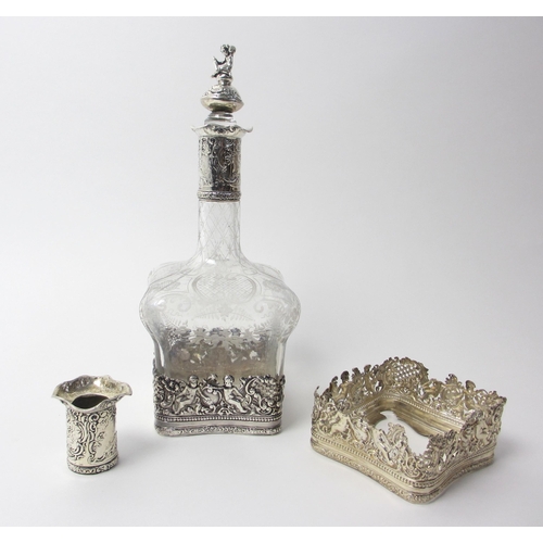 155 - A continental etched glass decanter with silver base  collar and stopper