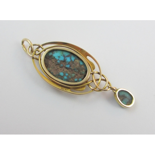 3 - A 15ct Murle Bennett sinuous Art Nouveau pendant. Set with two turquoise matrixes in rub over settin... 