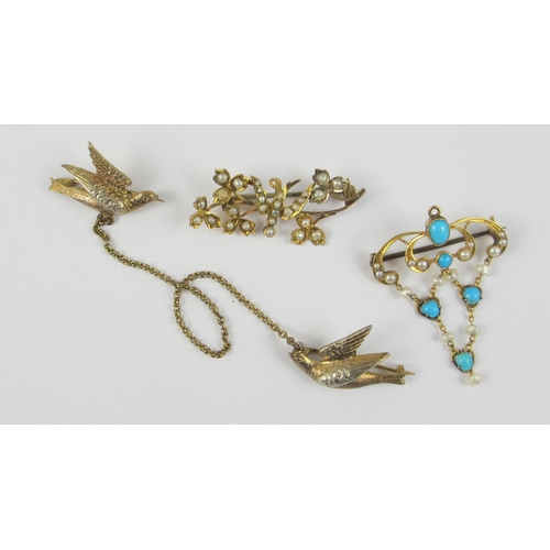 78 - Three Victorian brooches  to include a seed and fresh water pearl and turquoise yellow metal example... 