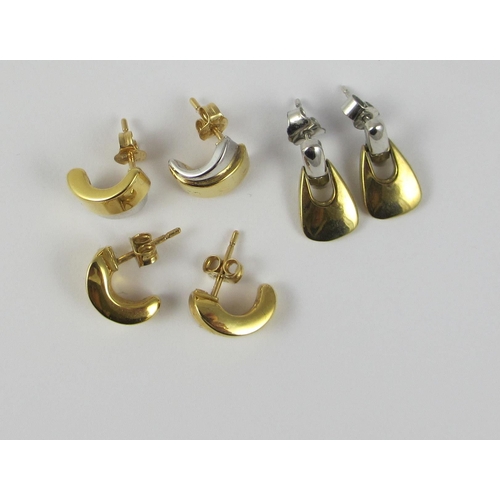 89 - Two pairs of 18ct gold earrings together with a third in 9ct gold. Approx weight 6.8gms