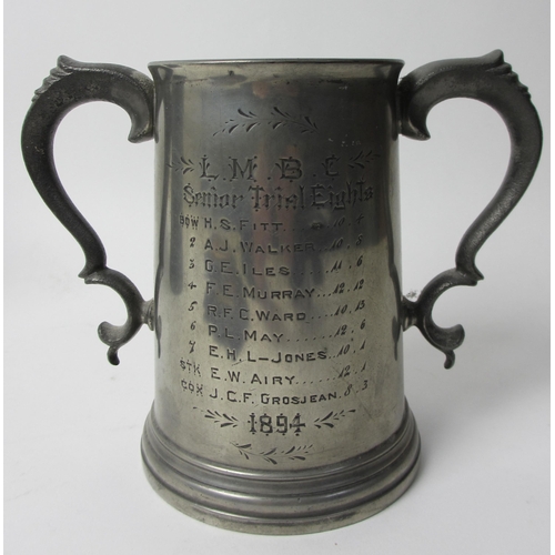 293 - Lady Margaret Boat Club  Cambridge (St Johns College) Two pewter two-handled crested trophies