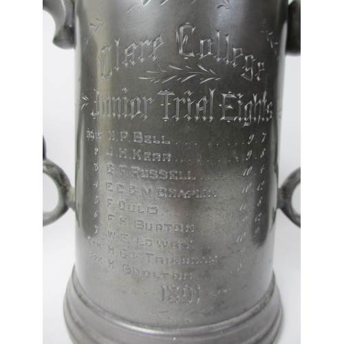 299 - Three pewter two-handled Cambridge College Crested trophies