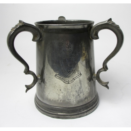 316 - A pewter three handled tyg Jesus College  Cambridge Trial Eights 1888