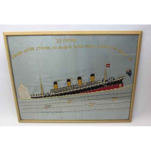 667 - S.S Titanic A silk embroidered panel of the ship sinking