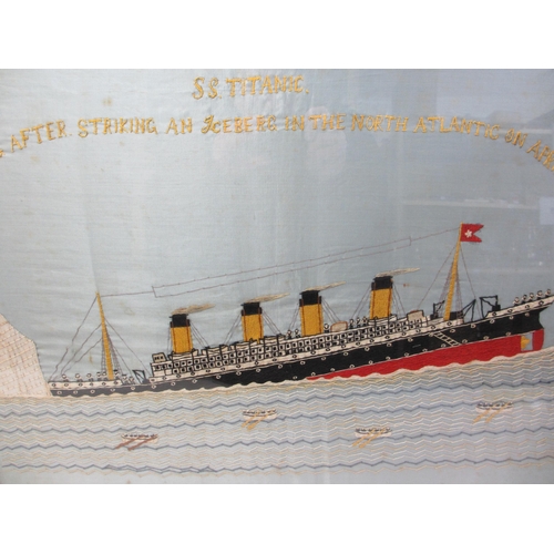 667 - S.S Titanic A silk embroidered panel of the ship sinking