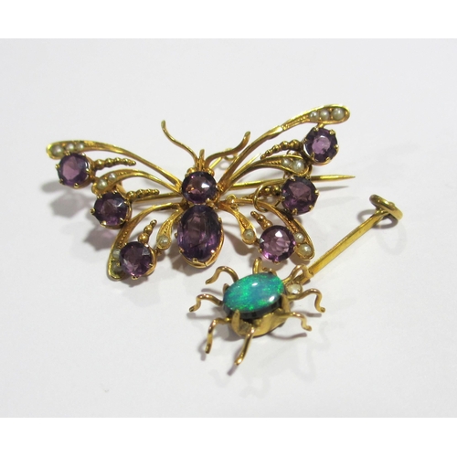 71 - Two Edwardian gold pieces to include  amethyst and seed pearl butterfly brooch