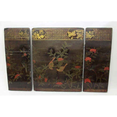 800 - Three Chinese black and gold lacquered panels