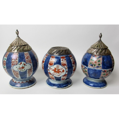 804A - Three Imari jars with white metal mounts