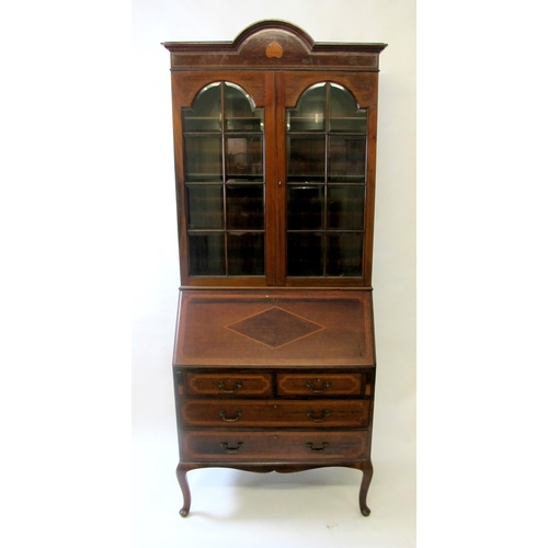 859 - An Edwardian mahogany inlaid bureau bookcase