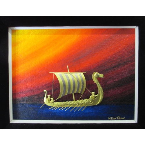 123 - A framed bi colour gold study of a Viking longboat by William Tolliday