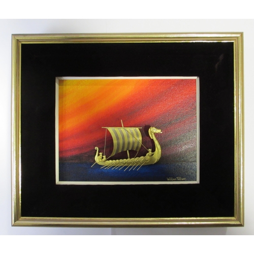 123 - A framed bi colour gold study of a Viking longboat by William Tolliday