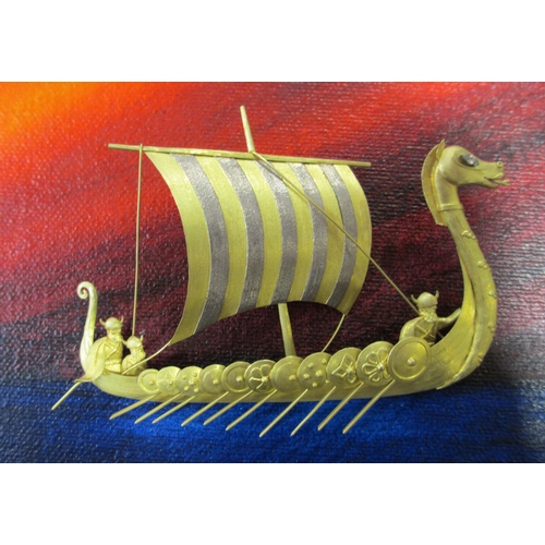 123 - A framed bi colour gold study of a Viking longboat by William Tolliday