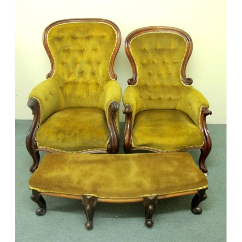 846 - A pair of Victorian mahogany framed buttonback ladies and gents armchairs with a matching stool