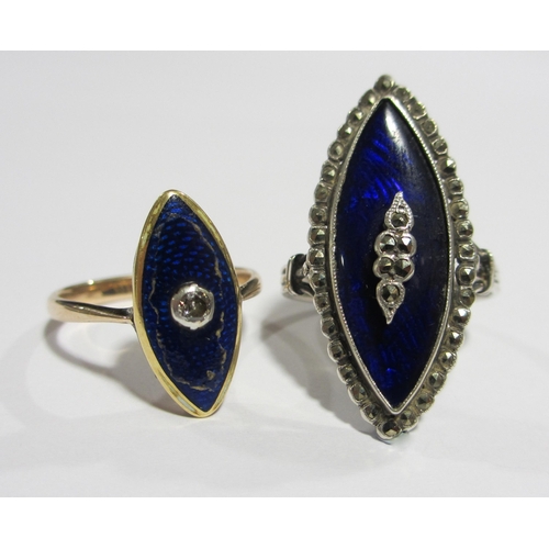 104 - A 9ct marquise shaped enamel and diamond ring