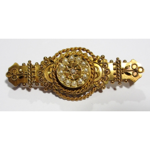 113 - A Victorian 15ct gold diamond and pearl bar brooch