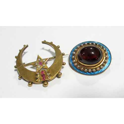 117 - A Victorian 15ct gold ruby and pearl star and crescent brooch