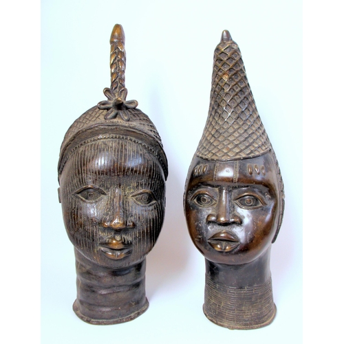 227 - A pair of Benin bronze heads of the Oba and Queen Consort