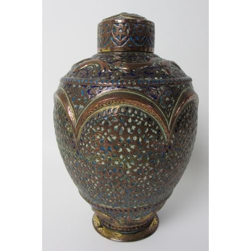 261 - A Persian brass and enamel baluster vase and cover