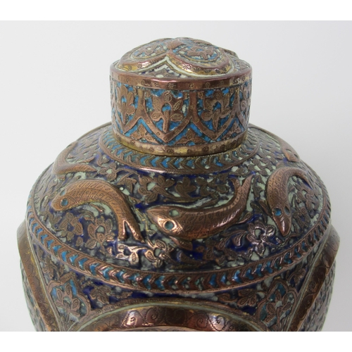 261 - A Persian brass and enamel baluster vase and cover