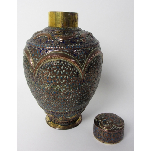 261 - A Persian brass and enamel baluster vase and cover